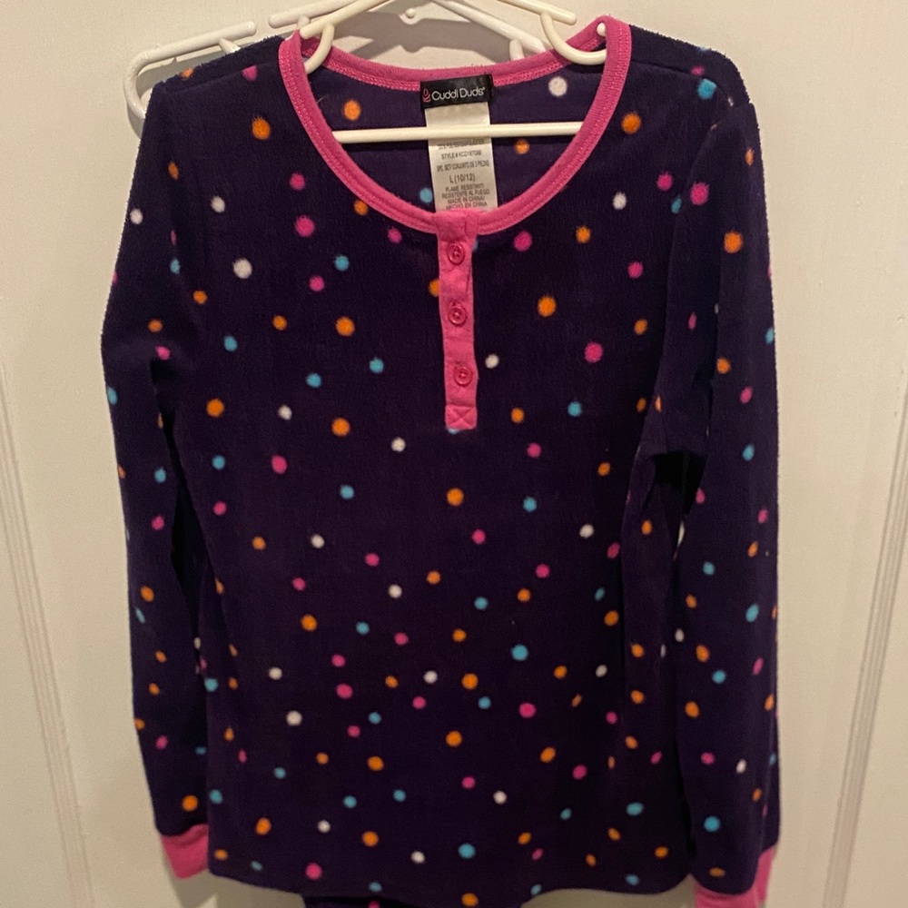 Cuddl Duds Purple Polka Dot Long Sleeve PJs set size 10/12